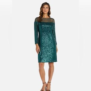 R&M Richards Green Sequin Cocktail Dress Illusion Neckline Knee Length NWT 14W